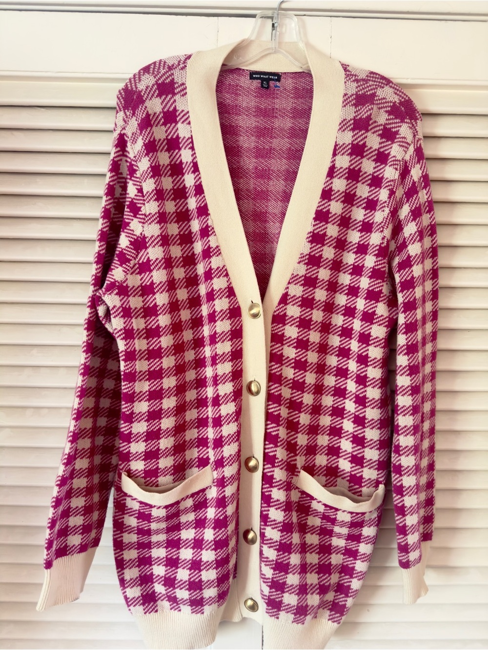 ADORBS AF WHO WHAT WEAR PINK & CREAM GINGHAM COTTON/POLY GOLD BUTTON CARDI SZ XL
